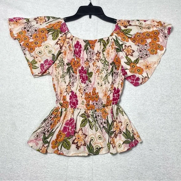 Angie Top Womens XS Boho Floral Peplum Smocked Blouse Flutter Sleeve Cottagecore - Picture 8 of 12